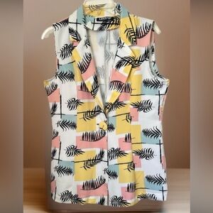 LOVE 83 Floral Tropical Print Lapel Neck Sleeveless Vest Blazer Jacket~L